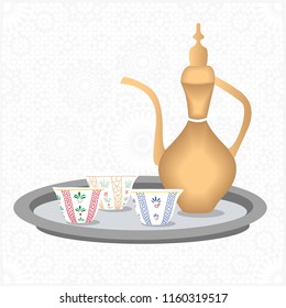 Traditional Arabian Turkish Golden Coffee Tea Pot & Cups on Golden Tray - Vector Illustration Isolated Icon