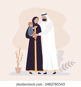 Traditional arabian young family with kid. Muslim man wearing traditional dishdash or kandura, arabian woman wearing black abaya, dress from uae or Saudi Arabia. Love couple with son. Family portrait.