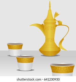 Café árabe tradicional editable con maceta Dallah y colección de vectores Finjan Demitasse Ilustración en estilo de degradado en color dorado