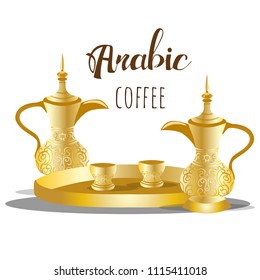Traditional arabic coffee mug and coffee cups on gold tray.Design gold elements for cafe or restaurants.isolated on white background. 