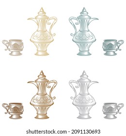 Traditional Arabic Coffee Pot With Cup Vector Illustration. Emirati Saudi Coffee Kettle Teapot And Cup
