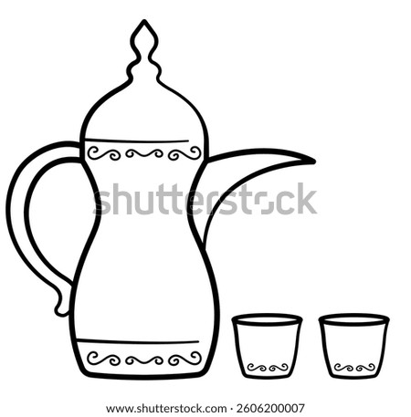 Traditional Arabic coffee pot with cups. Vector outline illustrations.