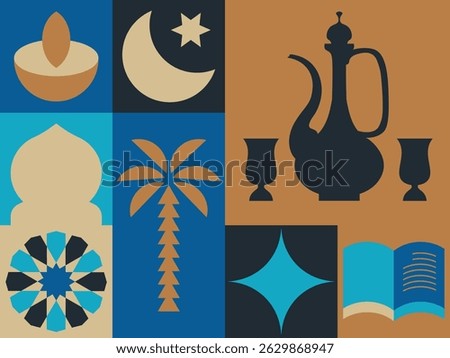 Traditional Arabic coffee pot, cups, mosque dome and palm in modern flat vector style. Perfect for Eid and Islamic holiday visuals.