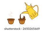Traditional Arabic Coffee Pot Dallah Pouring into Cups. Represents Middle Eastern hospitality and culture. Flat Illustration. Vector