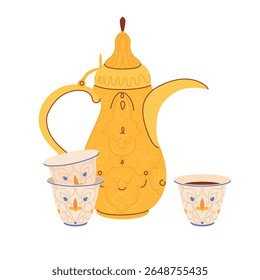 Dallah tradicional café árabe e xícaras com ornamento. Símbolo da hospitalidade do Oriente Médio. Pote de cobre antigo comum no Iêmen, Omã, Qatar. Ilustração vetorial para cafeteria em estilo plano.
