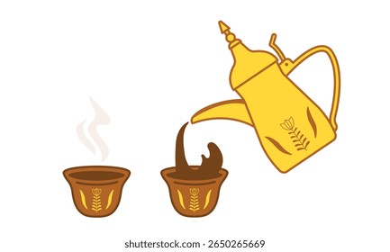 Traditional Arabic Coffee Pot Dallah Pouring into Cups. Represents Middle Eastern hospitality and culture. Flat Illustration. Vector