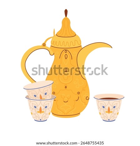 Traditional Arabic coffee pot Dallah and cups with ornament. Symbol of Middle Eastern hospitality. Antique copper pot common in Yemen, Oman, Qatar. Vector illustration for coffee shop in flat style.