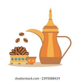 Cafetera árabe tradicional y dátiles secos. Composición vectorial con dallah dorado y taza de café turco con frutas de dátiles.