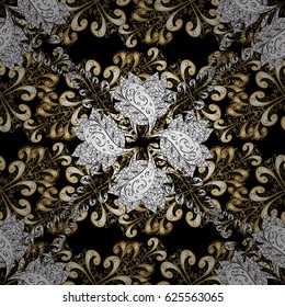 Traditional arabic decor on black background. Vintage design element in Eastern style. Golden ornate illustration for wallpaper. Vector seamless pattern with floral ornament. Ornamental lace tracery.