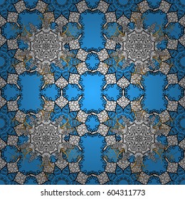 Traditional arabic decor on blue background. Vintage design element in Eastern style. Ornamental lace tracery. Golden ornate illustration for wallpaper. Vector seamless pattern with floral ornament.