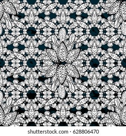 Traditional arabic decor on blue background. Golden ornate illustration for wallpaper. Vector pattern with floral ornament. Vintage design element in Eastern style. Ornamental lace tracery.