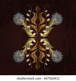 Traditional arabic decor on brown background. Ornamental lace tracery. Golden ornate illustration for wallpaper. Vintage design element in Eastern style. Vector pattern with floral ornament.
