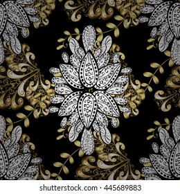 Traditional arabic decor on colors. Vector seamless pattern with floral ornament. Golden ornate illustration for wallpaper. Ornamental lace tracery. Vintage design element in Eastern style.