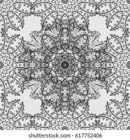 Traditional arabic decor on gray background. Vector seamless pattern with floral ornament. Ornamental lace tracery. Vintage design element in Eastern style. White ornate illustration for wallpaper.