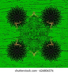Traditional arabic decor on green background. Golden ornate illustration for wallpaper. Vector pattern with floral ornament. Vintage design element in Eastern style. Ornamental lace tracery.