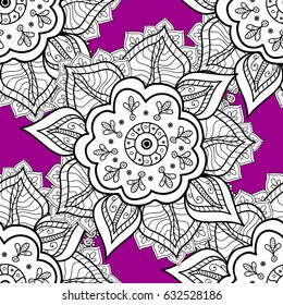 Traditional arabic decor on magenta background. Ornamental lace tracery. Vintage design element in Eastern style. Vector seamless pattern with floral ornament. White ornate illustration for wallpaper.