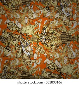 Traditional arabic decor on orange background. Vintage design element in Eastern style. Golden ornate illustration for wallpaper. Vector pattern with floral ornament. Ornamental lace tracery.