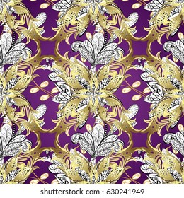 Traditional arabic decor on plum background. Golden ornate illustration for wallpaper. Vector seamless pattern with floral ornament. Vintage design element in Eastern style. Ornamental lace tracery.