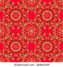 Traditional arabic decor on a red background. Vintage golden elements in Eastern style. Golden ornate illustration for wallpaper. Vector seamless pattern with floral ornament. Ornamental lace tracery.