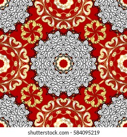 Traditional arabic decor on red background. Vector seamless pattern with floral ornament. Ornamental lace tracery. Vintage design element in Eastern style. Golden ornate illustration for wallpaper.