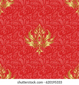 Traditional arabic decor on a red background. Ornamental lace tracery. Golden ornate illustration for wallpaper. Vintage golden elements in Eastern style. Vector seamless pattern with gold ornament.