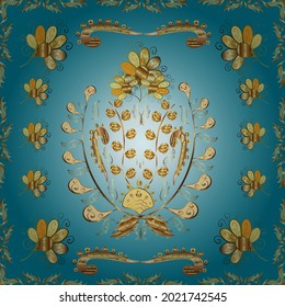 Traditional arabic decor on yellow, blue color. Vector seamless pattern with floral ornament. Vintage design element in Eastern style. Ornamental lace tracery. Golden ornate illustration for wallpaper