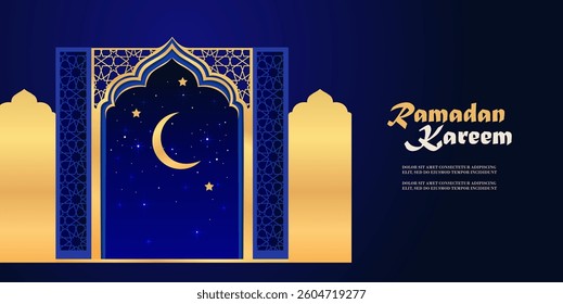 Traditional arabic design. Ramadan Kareem concept banner with gold frame. Horizontal holiday banner template. Vector illustration
