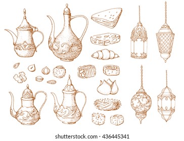 Traditional arabic Halal food. Vector background. Islamic bakery. Set of eastern sweets and lanterns. Ramadan holiday. Oriental tea pitchers. Teapots. Isolated.