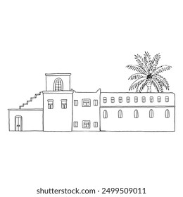 Traditional Arabic houses on middle east street with palm tree, Jerusalem cityscape black and white vector illustration. Islamic village scene. Ancient Rome stone architecture