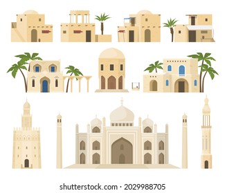 Traditional Arabic houses set vector flat illustration. Collection of ethnic Islamic architecture facades with palm trees, windows and entrance isolated. Caravanserai, ancient village, castle building