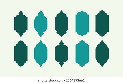 Traditional Arabic Islamic arch gate window shape ornaments. Set of green Ramadan Frame designs. Eid Mubarak decorative patterns. Mosque door borders set in Moroccan style 