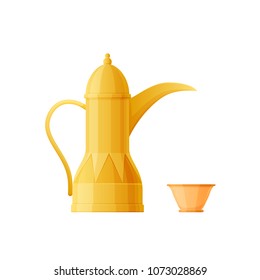 Traditional Arabic, Islamic drink, coffee maker and cup. A metallic golden teapot with a long spout. Fresh drink, beautiful dishes with patterns and ornaments. Vector illustration isolated.