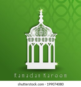 Traditional arabic lantern on shiny green background for holy month of Muslim community Ramadan Kareem. 