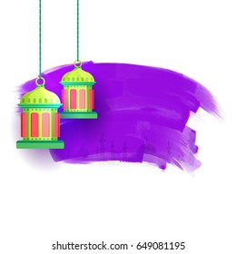 Traditional Arabic Lanterns on abstract purple brush strokes with Mosque for Ramadan Kareem, Muslim Community Festival celebration.