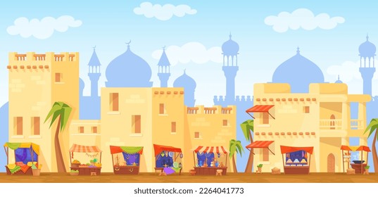 Traditional arabic market. Panorama arabian bazaar ancient building, african merchant village old historical morocco houses, eastern food shop landscape, neat vector illustration of traditional market