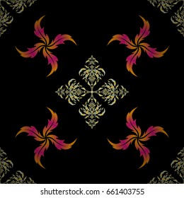 Traditional arabic ornament with blue, yellow and magenta elements on black backdrop. Ornamental lace tracery. Vector seamless pattern with vintage design in Eastern style. Ornate decor for fabric.