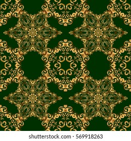 Traditional arabic ornament with golden elements on green backdrop. Ornamental lace tracery. Vector seamless pattern with golden vintage design in Eastern style. Ornate golden decor for fabric.