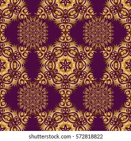 Traditional arabic ornament with golden elements on purple backdrop. Ornate golden decor for fabric. Ornamental lace tracery. Vector seamless pattern with golden vintage design in Eastern style.