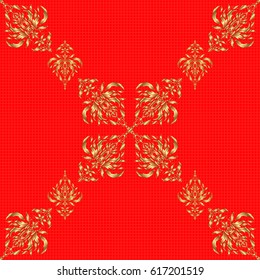 Traditional arabic ornament with golden elements on red backdrop. Vector seamless pattern with golden vintage design in Eastern style. Ornate golden decor for fabric. Ornamental lace tracery.