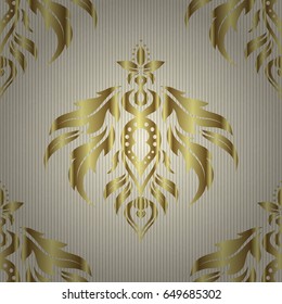 Traditional arabic ornament with golden elements on beige backdrop. Ornate golden decor for fabric. Ornamental lace tracery. Vector seamless pattern with golden vintage design in Eastern style.