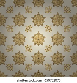 Traditional arabic ornament with golden elements on beige backdrop. Ornate golden decor for fabric. Ornamental lace tracery. Vector seamless pattern with golden vintage design in Eastern style.