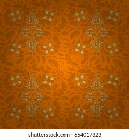 Traditional arabic ornament with golden elements on orange backdrop. Vector seamless pattern with golden vintage design in Eastern style. Ornate golden decor for fabric. Ornamental lace tracery.