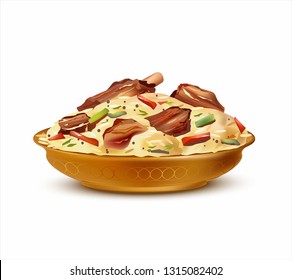 Traditional Arabic pilaf (maqluba) on plate isolated on white. Vector illustration.