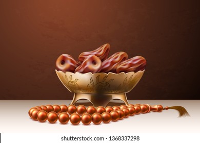 Traditional arabic plate with date fruits with rosary beads. Ramadan kareem, eid mubarak muslim holiday design. Arabian religious celebration elements. Vector islamic culture decoration