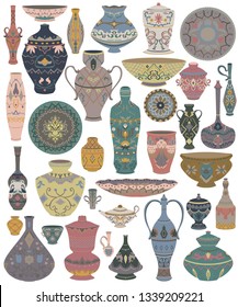 Traditional Arabic utensils collection. Oriental dishes, pots, lantern, bowl, plates, pottery, ceramic with national floral ornament. Isolated objects on white background. Vector illustration