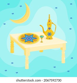 Traditional arabic utensils, tableware: plate, cup, glass, jug, pitcher, jar, bowl on the wooden table in golden, copper metal colors. Moon and stars at turquoise abstract background