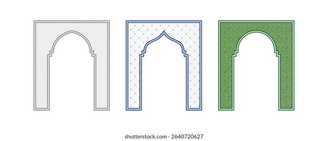 Traditional arch frame with intricate fill pattern in cultural symmetrical outline design for architectural decorative vector template border artwork.