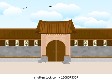 Traditional arched entrance of ancient korea building on blue sky background.- vector