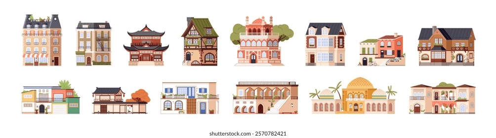 Traditional architecture of different countries set. Brick town houses, building facades of various cultures: France, China, Japan, India, Turkey, Spain. Flat isolated vector illustrations on white