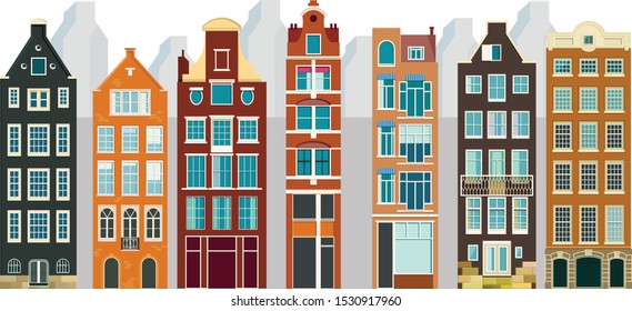 Traditional architecture of Netherlands. Historic buildings city town, Amsterdam panorama, Holland. Vector illustration, EPS 10.